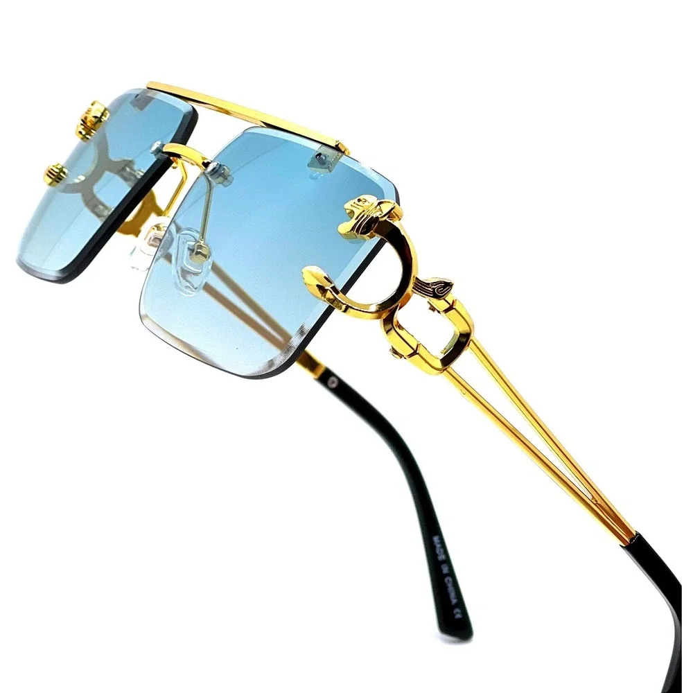 Rimless Rectangle Sunglasses Green Lens Fashion Shades Hip Hop Designer‎ Lentes